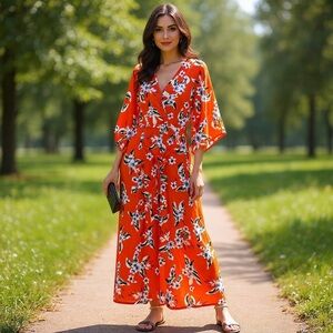 Suzanne Betro orange floral front wrap, maxi dress tie belt size 2X NWT